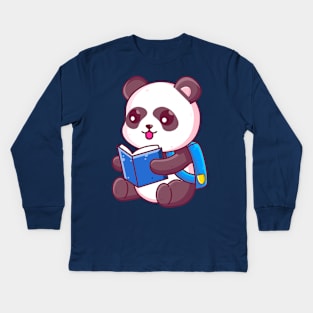 Cute school panda reading book Kids Long Sleeve T-Shirt